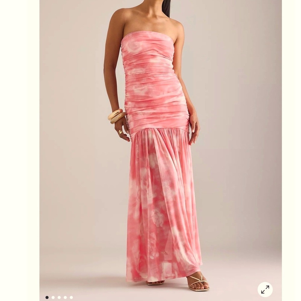 Bardot Maxi Dress Womens 12 Pink Floral Ruched Strapless Mesh Formal